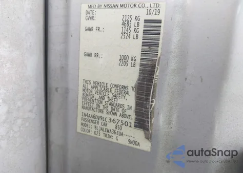 2020 Nissan Maxima Sl Xtronic Cvt z USA, uszkodzony, nr VIN 1N4AA6DV9LC367501